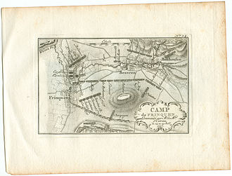 French troop camp on July 24 and 25, 1757 on the Weser River, immediately before the Battle of Hastenbeck. Engraving "No. 24" by Jakobus van der Schley