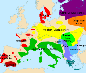 Distribution of the regionally earliest archaeological culture with pottery ­(c. 6000-4000 BC, c. 7,500-5,500 BP): Western LBK Alföld linear ceramics or eastern LBK cardial or impression culture Ertebølle culture, Mesolithic culture Dnepr Don Culture Vinča culture La Almagra Culture Dimini culture, previously Sesklo culture Karanovo Culture Cambrian culture, Mesolithic culture Note: The map is inaccurate and needs revision; it only gives the approximate territorial conditions of individual cultures. Some cultures are missing.