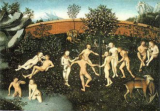The Golden Age . Painting by Lucas Cranach the Elder, c. 1530, Alte Pinakothek, Munich