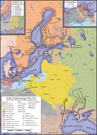 Description of the campaigns after the turn of the war following the battle of Poltava in July 1709 until the conclusion of peace in 1721. In this phase, the warfare concentrated almost exclusively on the Swedish dominions. Thus, heavy fighting took place for the Swedish possessions in northern Germany, which ended in 1715 with the conquest by the Allies. Further battles took place in what is now Finland, the Baltic Sea and Norway.