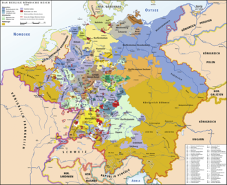 The Holy Roman Empire on the eve of the French Revolution in 1789 (in purple ecclesiastical territories, in red the imperial cities).