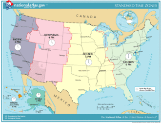 Kort over amerikanske tidszoner mellem den 2. april 2006 og den 11. marts 2007. Den nuværende situation er kun anderledes, fordi Pulaski County, Indiana, nu ligger i den østlige tidszone og ikke længere i den centrale tidszone.