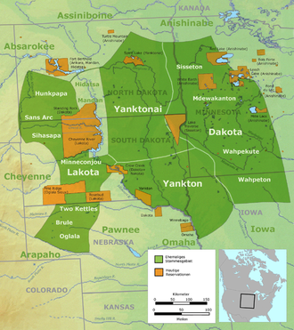Former tribal territory of the Sioux and neighboring tribes and present reservations