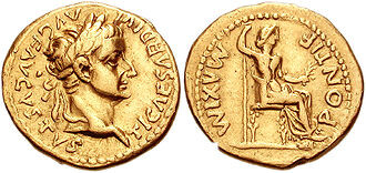 Um aureus romano (moeda de ouro) cunhado em 36 d.C., representando Tibério, com Lívia como Pax (paz) no verso
