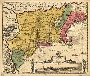 Nicolaes Visscher's 1656 map Novi Belgii Novæque Angliæ, here in a 1685 version, is the best known contemporary illustration of Nieuw Nederlands. It was frequently reprinted and was long considered the best map of the Dutch colony. After the capture of Nieuw Nederlands by the British, it was even used to draw the border between New York and New Jersey. Nova Belgica or Novum Belgium was the Latin name of the colony, corresponding to the Latin name for Netherlands: Belgii.