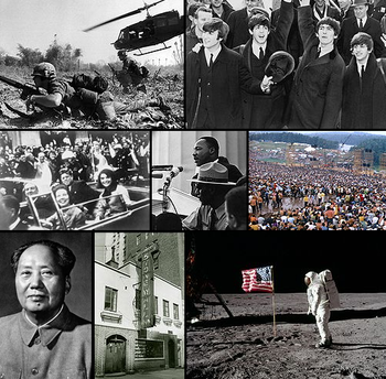 Ylhäällä vasemmalta: Sotilas ryömii maassa Vietnamin sodassa; The Beatles, osa brittiläistä invaasiota, muutti musiikkia Yhdysvalloissa ja ympäri maailmaa.   Keskellä, vasemmalta: John F. Kennedy salamurhataan vuonna 1963 hänen oltuaan presidenttinä kolme vuotta; Martin Luther King Jr. pitää kuuluisan puheensa "Minulla on unelma" yli miljoonalle ihmiselle; miljoonat ihmiset osallistuvat Woodstock-festivaaleille vuonna 1969.   Alhaalla vasemmalta: Kiinan Mao Zedong esittelee Suurta harppausta eteenpäin -suunnitelman; Stonewall Inn, jossa järjestetään suuria mielenosoituksia homojen ja lesbojen oikeuksien puolesta; ihminen astuu ensimmäistä kertaa historiassa Kuuhun heinäkuussa 1969.  