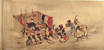 Ainu Iomante ceremonija (meškos siuntimas). Japoniškas ritininis paveikslas, apie 1870 m.