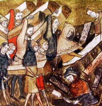 Погребението на жертвите на чумата в Турне. Фрагмент от миниатюра от "Хрониките на Жил Ли Муизис" (1272-1352), игумен на манастира "Свети Мартин Праведник". Bibliothèque royale de Belgique, MS 13076-77, f. 24v.  