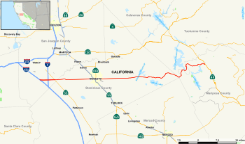 State Route 132 (red) where Kathleen Johns and her daughter were abducted west of Modesto.