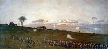 Picketts Angriff von einer Position auf der Linie der Konföderierten mit Blick auf die Unionslinien, links Ziegler's Grove, rechts ein Baumhain, Gemälde von Edwin Forbes