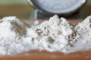 Three types of flour used for bread. From left: Wheat flour type 550, wheat flour type 1050, rye flour type 1150.