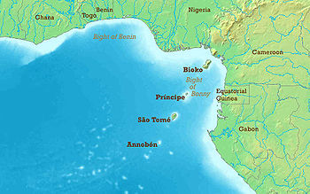 Mappa del Golfo di Guinea, che mostra la catena di isole formata dalla linea dei vulcani del Camerun.