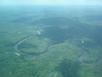 Vedere aeriană a râului Lukenie în timp ce șerpuiește prin pădurile de câmpie din Congo Central din RDC  