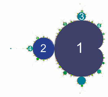 Mandelbrot set with color-coded period length of limit cycles