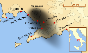 A erupção do Vesúvio em 79 AD. Isto mostra as muitas vilas e cidades próximas. A nuvem fria de cinza do Vesúvio é mostrada em preto.