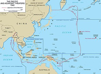 Japansk kontrol over det vestlige Stillehavsområde mellem maj og august 1942. Guadalcanal er placeret nederst til højre i midten af kortet.  
