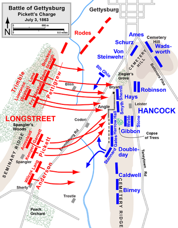 Karte von Picketts Angriff, 3. Juli 1863. Konföderierte Union