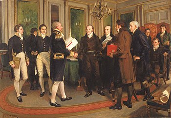 Podpis Gentske pogodbe. Admiral flote James Gambier si poda roko z Johnom Quincyjem Adamsom. Tudi britanski državni podsekretar za vojno in kolonije Henry Goulburn nosi rdečo mapo.