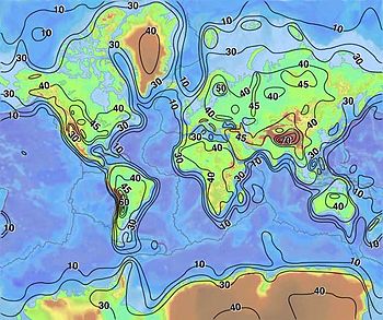 L'épaisseur de la croûte terrestre (km).