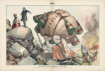 Opresja wywodzi się z koncepcji bycia obciążonym i często jest pokazywana jako taka. Ta karykatura z 1904 roku pokazuje żydowskich robotników uciskanych przez rosyjskiego cara.