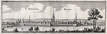 Hanover seen from the northeast, fortified with moat, rampart and city wall with wall towers; Merian engraving published for the first time in 1641