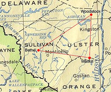 ⊙42 .034668-74 .105313Woodstock , originally named venue ⊙41 .477525-74 .36358Wallkill , interim planned venue ⊙41 .701389-74 .880278White Lake / Bethel , actual event location.