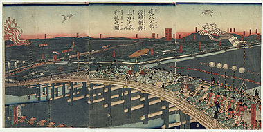 Minamoto no Yoritomo va a Kioto a principios del shogunato Kamakura -- grabado en madera por Utagawa Sadahide, alrededor de 1860