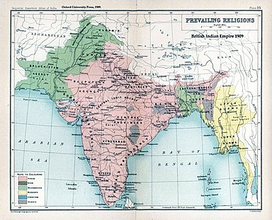 Briti India 1909. aasta kaart, millel on kujutatud erinevad religioonid: Hindud on näidatud punasega, moslemid on näidatud rohelisega. Pakistani ja Bangladeshi osariigid loodi rohelisega näidatud alade osadest.
