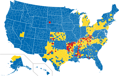 Kort, der viser tørre (røde), våde (blå) og fugtige (gule) amter i USA