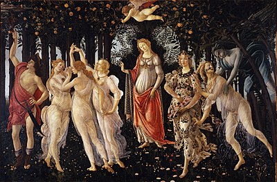 Primavera (1478 m.): Florencijos renesanso pavasario atsinaujinimo ikona. Paveikslas taip pat yra Medičių viloje Kastelo (Castello), tarsi Veneros gimimo pakabukas. Iš kairės į dešinę: Merkurijus, Trys gracijos, Venera, Flora, Chloris, Zefyras. Atkreipkite dėmesį, kad Veneros figūra centre primena madoną, taigi neoplatonišką pagonybės ir krikščionybės sintezę, tačiau veidai yra tikri portretai: pavyzdžiui, dešinėje pusėje esanti Gracija yra Katerina Sforca. Nors išliko palyginti nedaug Botičelio mitologinių paveikslų, "Primavera" įkūnija jo klasikinės mitologijos naudojimą kaip priemonę iliustruoti jausmus, kurie iš tikrųjų kyla iš viduramžių kurtuazinės meilės. (Šios temos nagrinėjamos Jeano Sezneco knygoje apie pagoniškosios Antikos išlikimą ir naują panaudojimą Renesanse). Primavera taip pat gali būti skaitoma kaip politinė alegorija: Meilė (Amor) būtų Roma (itališkai "Roma"); trys Gracės - Piza, Neapolis ir Genuja; Merkurijus - Milanas; Flora - Florencija; Gegužė - Mantuja; Kloris ir Boreas - Venecija ir Bozen-Bolzanas (arba Arezzo ir Forli).