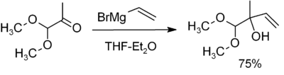 Reaction of CH3C(=O)CH(OCH3)2 with H2C=CHMgBr