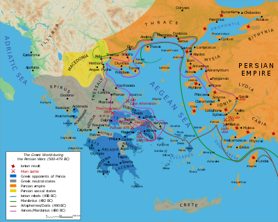 Eine Karte von fast allen Teilen der griechischen Welt, die an den griechisch-persischen Kriegen teilgenommen haben