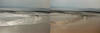 Efecto de un polarizador en la reflexión de los barros. En la imagen de la izquierda, el polarizador está girado para transmitir los reflejos lo mejor posible; girando el polarizador 90° (imagen de la derecha) se bloquea casi toda la luz solar reflejada especularmente.