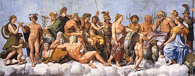 20 graikų dievų, daugiausia dvylikos olimpiečių, susirinkimas, kai jų aplankyti ateina Psichė (Rafaelio ir jo mokyklos kūrinys "Loggia di Psiche", 1518-19 m.)
