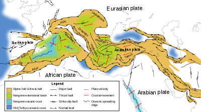Mapa tectónico del sur de Europa y Oriente Medio, mostrando las estructuras tectónicas del cinturón montañoso occidental de los Alpes