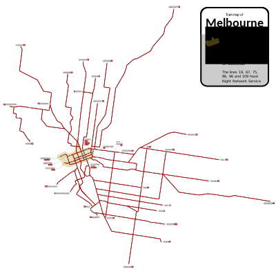 Kort over Melbournes sporvognsnet.  