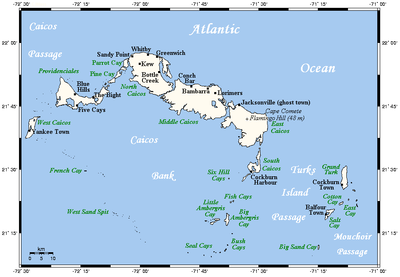 Mapa ostrovů Turks a Caicos.