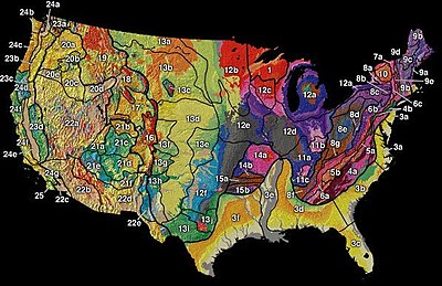 USA mandriosa füsiograafilised piirkonnad. Piirkond 12e tähistab Dissected Till Plains.