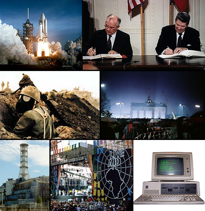 Od lewej, zgodnie z ruchem wskazówek zegara: Pierwszy prom kosmiczny, Columbia, startuje w 1981 roku; prezydent USA Ronald Reagan i przywódca Związku Radzieckiego Michaił Gorbaczow stają się mniej agresywni wobec siebie, co prowadzi do końca zimnej wojny; Upadek muru berlińskiego w 1989 roku; W 1981 roku zostaje wydany komputer osobisty IBM; W 1985 roku odbywa się koncert "Live Aid", który ma pomóc w powstrzymaniu głodu w Etiopii w czasie panowania Mengistu Haile Mariama; Ukraina i znaczna część świata jest wypełniona radioaktywnymi odpadami z katastrofy w Czarnobylu w 1986 roku; Wojna irańsko-iracka zabija ponad milion osób.