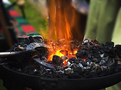 Heat is transported in different ways: by conduction (in the horseshoe), by convection (in the rising hot air) and by radiation (visible by the glow of the red embers).