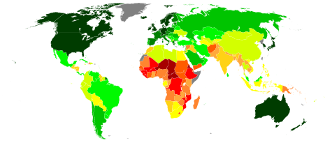 Mapa świata wskazująca Wskaźnik Rozwoju Społecznego (na podstawie danych z lat 2015 i 2016, opublikowana 21 marca 2017 r.).      0,900 i więcej 0,850-0,899 0,800-0,849 0,750-0,799 0,700-0,749      0.650–0.699       0.600–0.649      0.550–0.599      0.500–0.549      0.450–0.499      0,400-0,449 0,350-0,399 0,349 i w pozycji Dane niedostępne