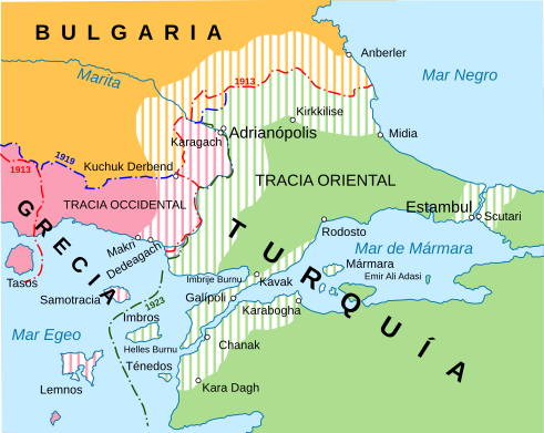 Der Vertrag von Lausanne änderte die Grenzen von Bulgarien, Griechenland und der Türkei.