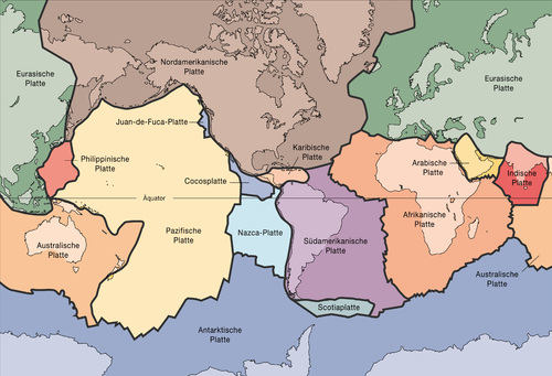 Tectonic plates with continents in the background, in the middle (marked light blue) the Nazca plate