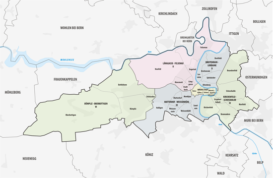 Statistical districts of Bern and neighboring municipalities
