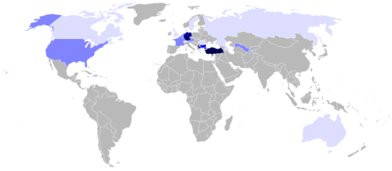 The Turkic-speaking world: countries with significant numbers of Turkic-speaking populations. Legend: Official language: Turkey, Cyprus, Northern Macedonia (at municipal level), Kosovo (at municipal level) More than 1,000,000 speakers: Germany Between 500,000 and 1,000,000 Speakers: Bulgaria, Iraq, Greece Between 100,000 and 500,000 speakers: France, Netherlands, Belgium, Austria, United States, Uzbekistan Between 25,000 and 100,000 speakers: Great Britain, Australia, Azerbaijan, Canada, Russia, Sweden, Denmark, Switzerland, Romania Less than 25,000 speakers/none: Other countries