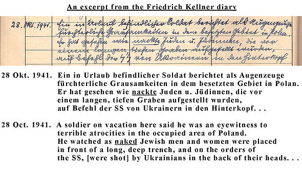 O parte din înregistrarea din 28 octombrie 1941. Scrisul Sütterlin transcris în germană modernă și tradus în engleză
