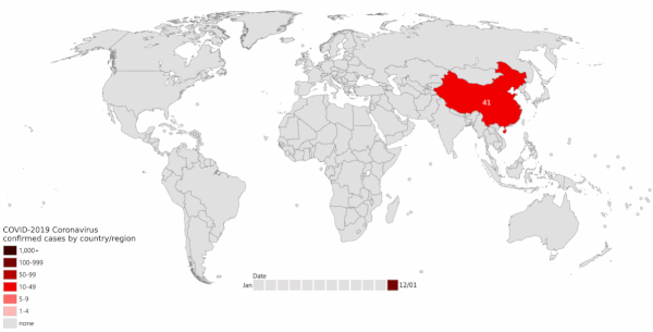 Global trends in SARS-CoV-2 infections by country from January 12, 2020, to February 29, 2020.