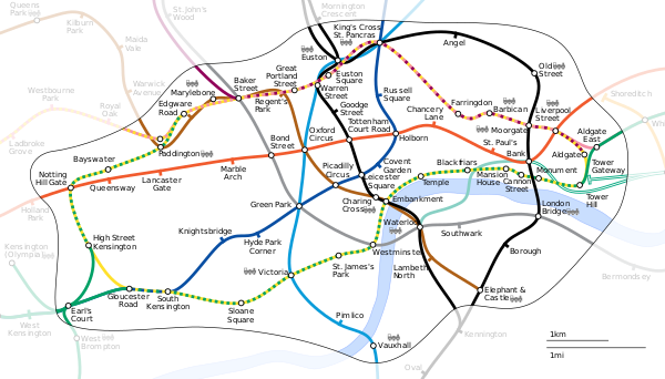 Zona 1 (zona centrale) della rete della metropolitana come sarebbe nella realtà