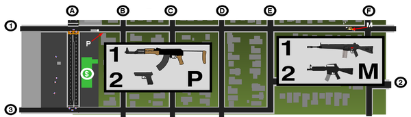 Scale map of the area around Bank of America ($), places of Phillips' death (P) and Matasareanu (M). Streets: A: Laurel Canyon Boulevard - B: Agnes Avenue - C: Ben Avenue - D: Gentry Avenue - E: Radford Avenue - F: Morella Avenue - 1: Archwood Street - 2 : Lemay Street - 3: Kittridge Street.
