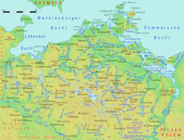 Relief and water bodies of Mecklenburg-Western Pomerania: terrain elevations (brown) at the elevation point, elevations of water bodies in dark blue, water bodies crossing watersheds in purple.